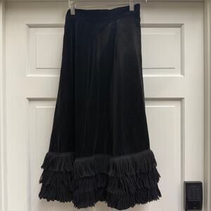 Vintage 1960s Custom Made Black Velvet Fringe Maxi Skirt XS Fall Winter